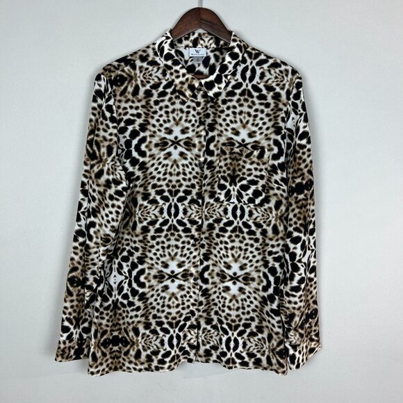 Worthington Silk Blouse Womens XL Brown Leopard‎ Print Long Sleeve Button Up Top - Picture 1 of 10